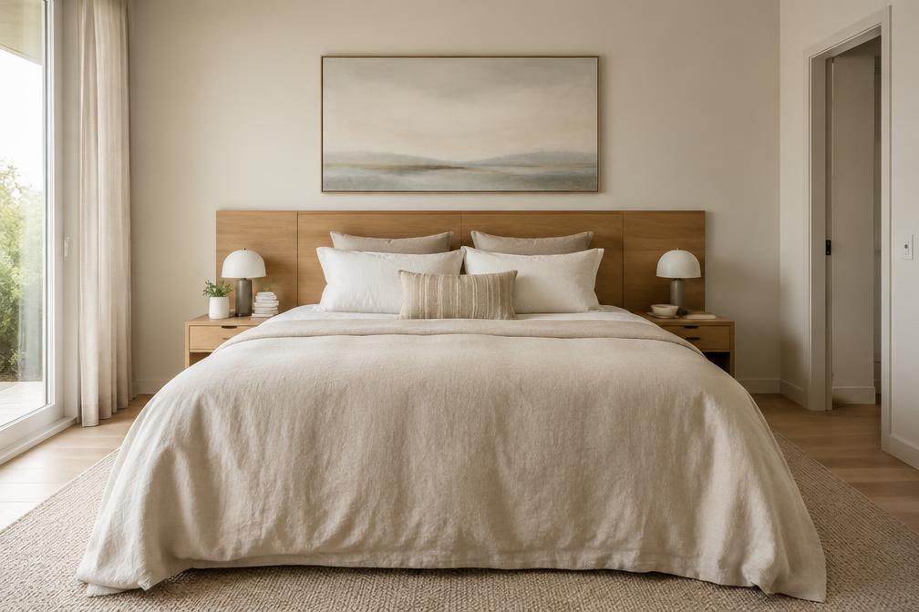 Refurbished master bedroom with linen tones and timber headboard in South Woodford