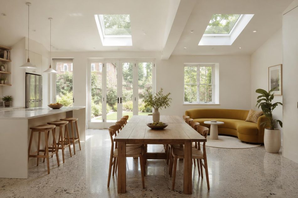 Refurbished Edwardian kitchen-dining space with rooflights in Southall
