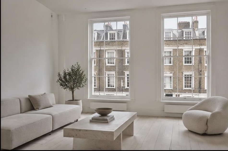 Minimalist living space with local residential garden views in Spitalfields