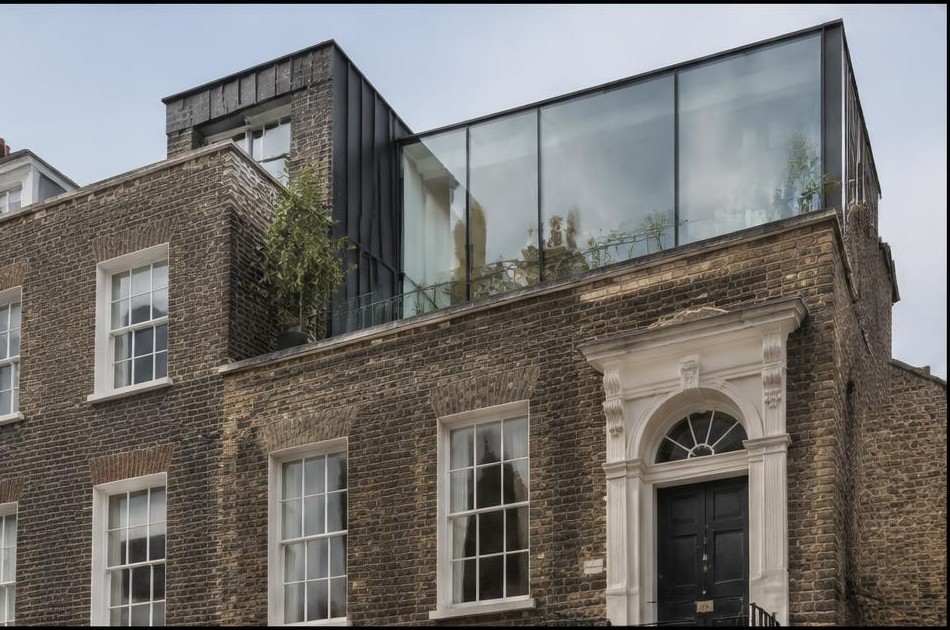 Retained original facade beside a dominant contemporary glazed addition in Spitalfields