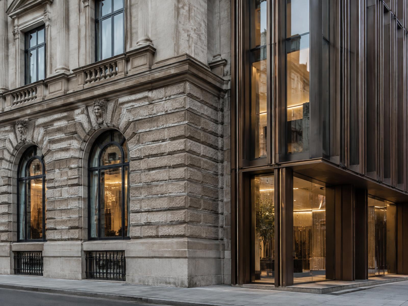 Rusticated stone Victorian clubhouse directly beside a contemporary bronze-finned glass building in St James's