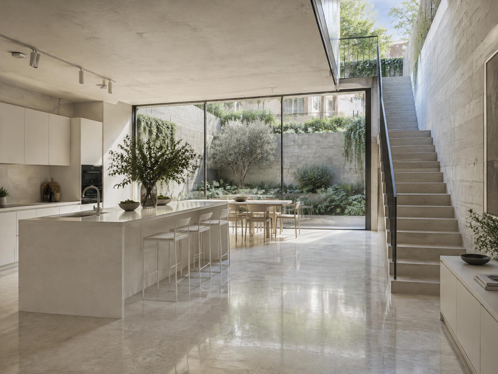 New basement kitchen with board-marked concrete and full-height glass onto a sunken lightwell garden