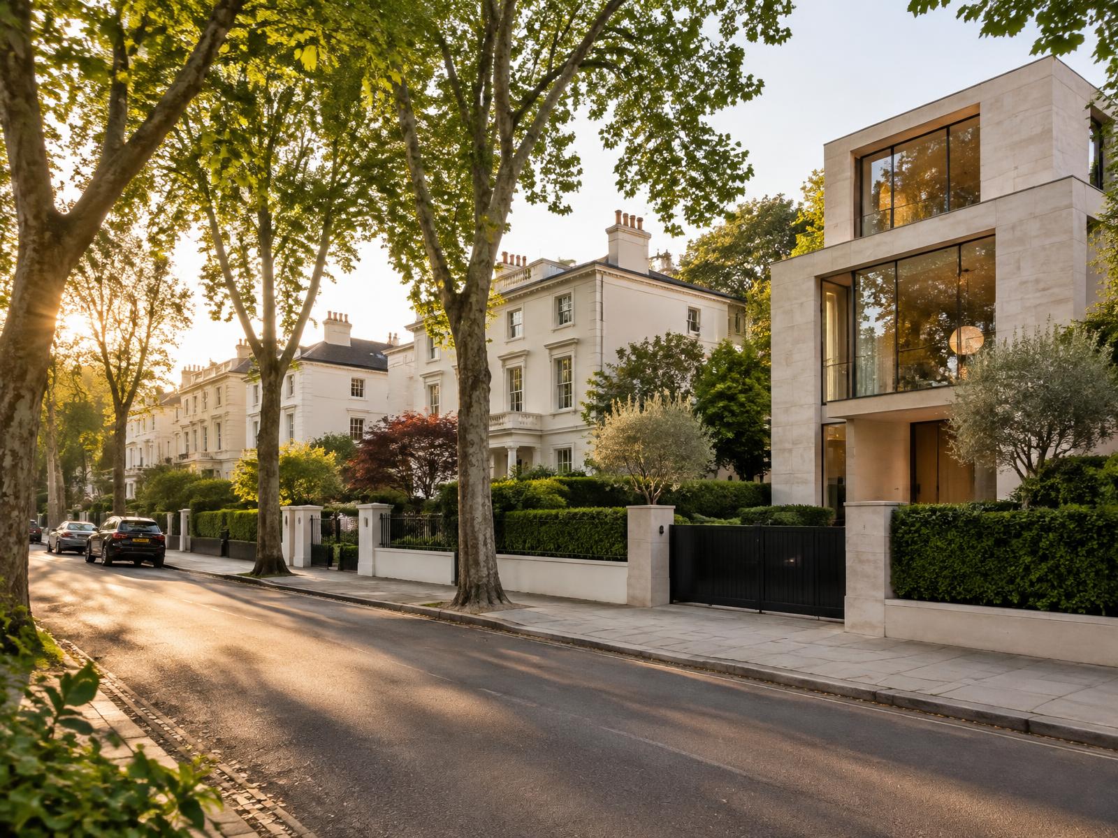 Tree-lined St John's Wood street of white stucco villas in gardens beside a contemporary limestone and glass villa