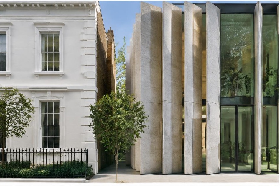 Retained historic facade directly beside a contemporary glazed residential addition in Stockwell