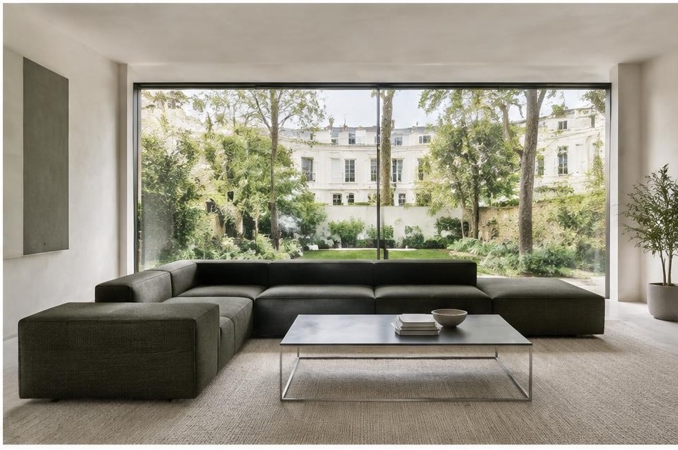 Minimalist contemporary room with straight fabric seating and views onto Stockwell residential homes and gardens