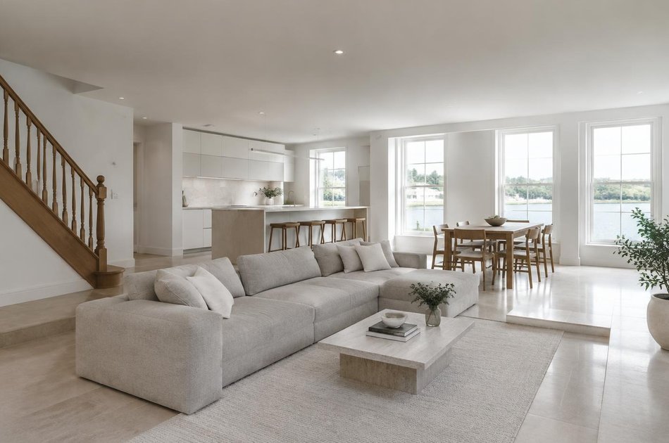 Refurbished modern interior with a retained period feature in Strand on the Green