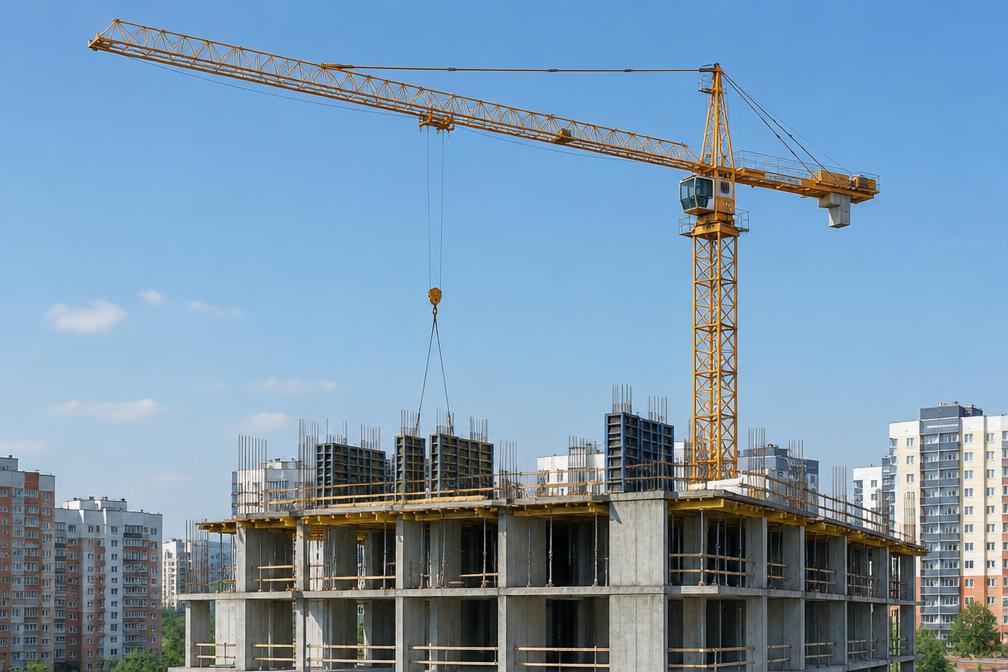 Tower crane above a concrete frame rising on an urban regeneration site