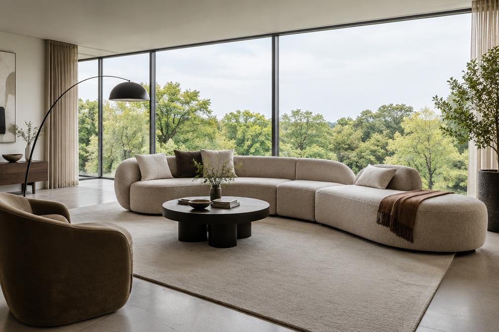Modern apartment living room with modular curved sofa and floor-to-ceiling windows