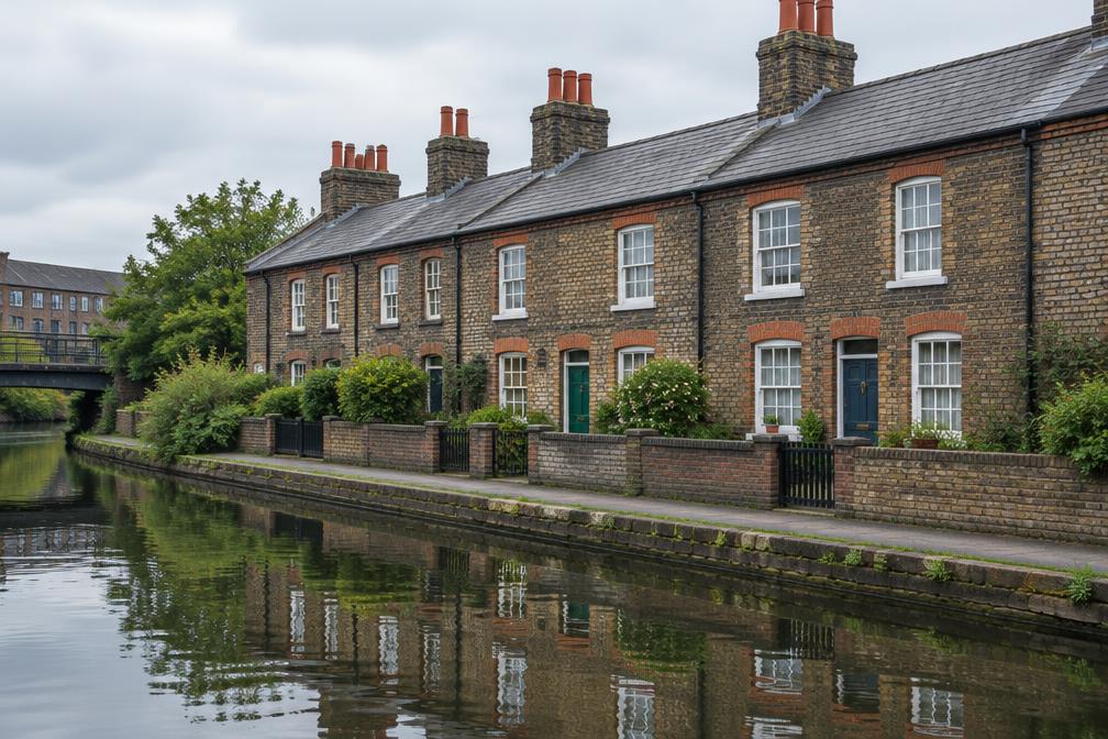 Victorian workers' cottages beside a canal with brick fronts and slate roofs