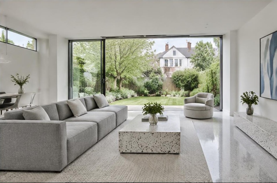 Contemporary refurbished living room with local garden views in Surbiton