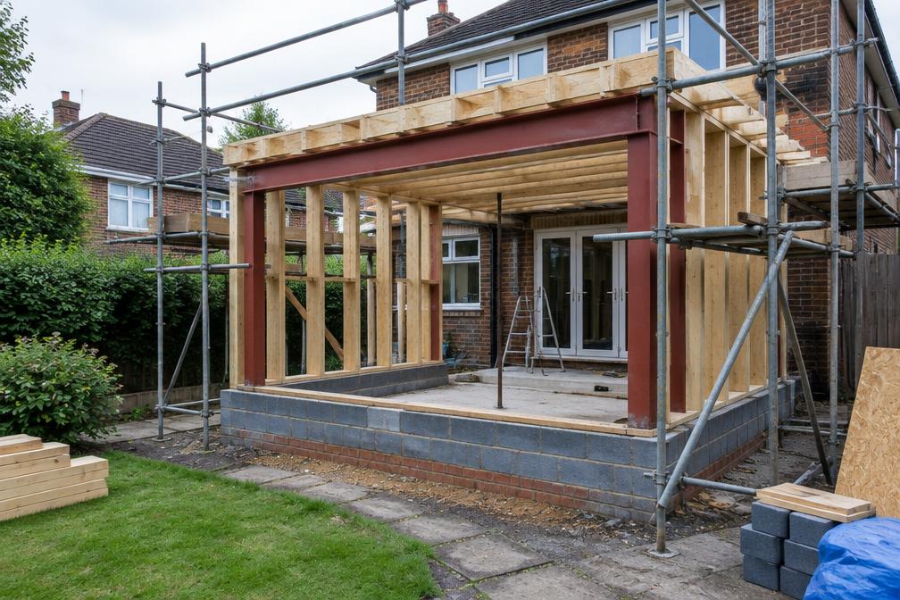 Timber-framed rear extension under construction with steel beam and scaffolding in a suburban garden