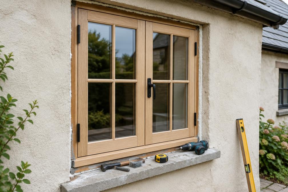 Carpenter fitting a new timber casement window into a rendered cottage wall