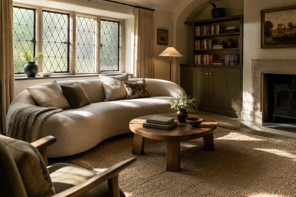 Sunlit snug with low curved sofa, wool rug and leaded casement window