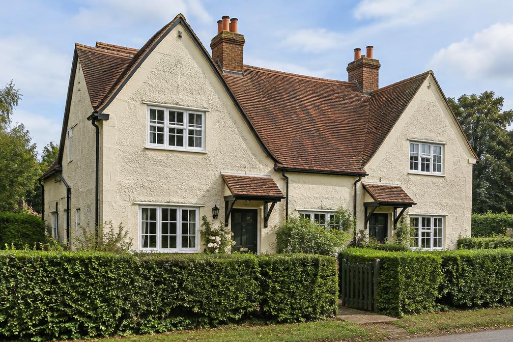 Roughcast rendered cottage pair with steep clay-tiled roof and hedged front garden