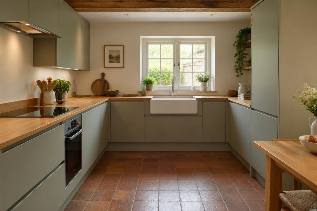 Refurbished cottage kitchen with handleless cabinets, quarry-tile floor and timber worktop
