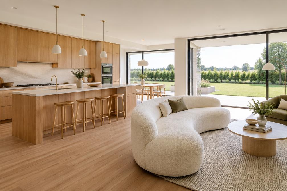 Bright open-plan kitchen with oak cabinetry and a curved bouclé sofa overlooking a lawn