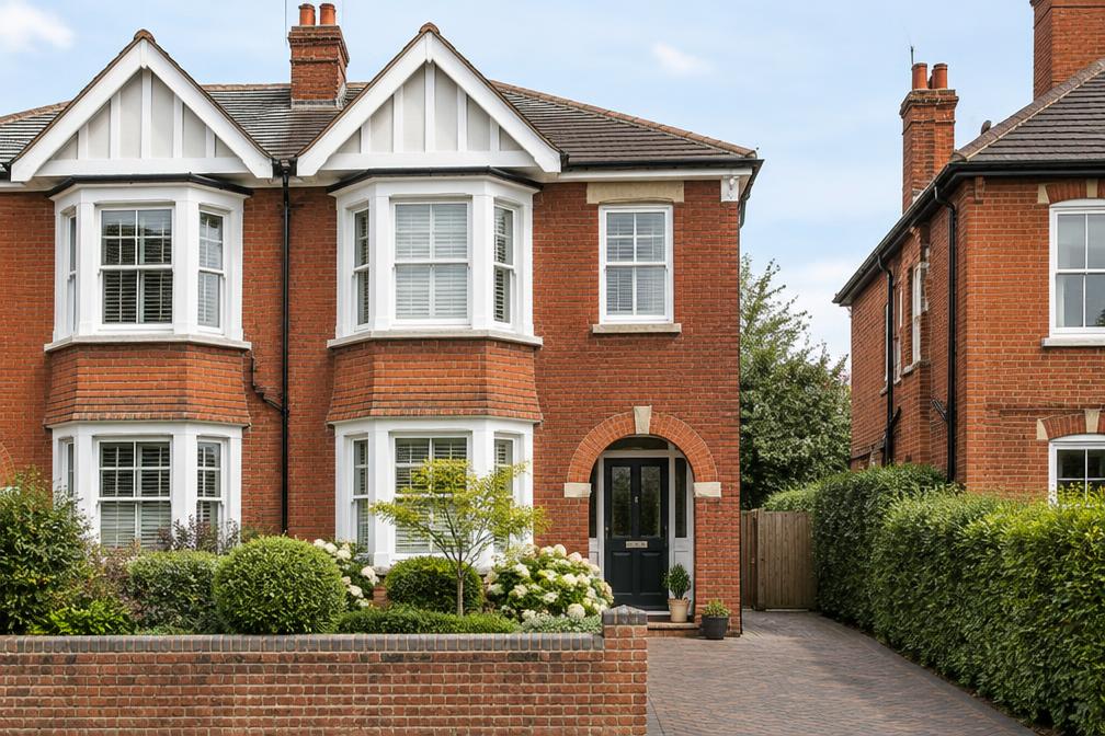 Red-brick Edwardian semi-detached frontage with neat bay window and planted front garden