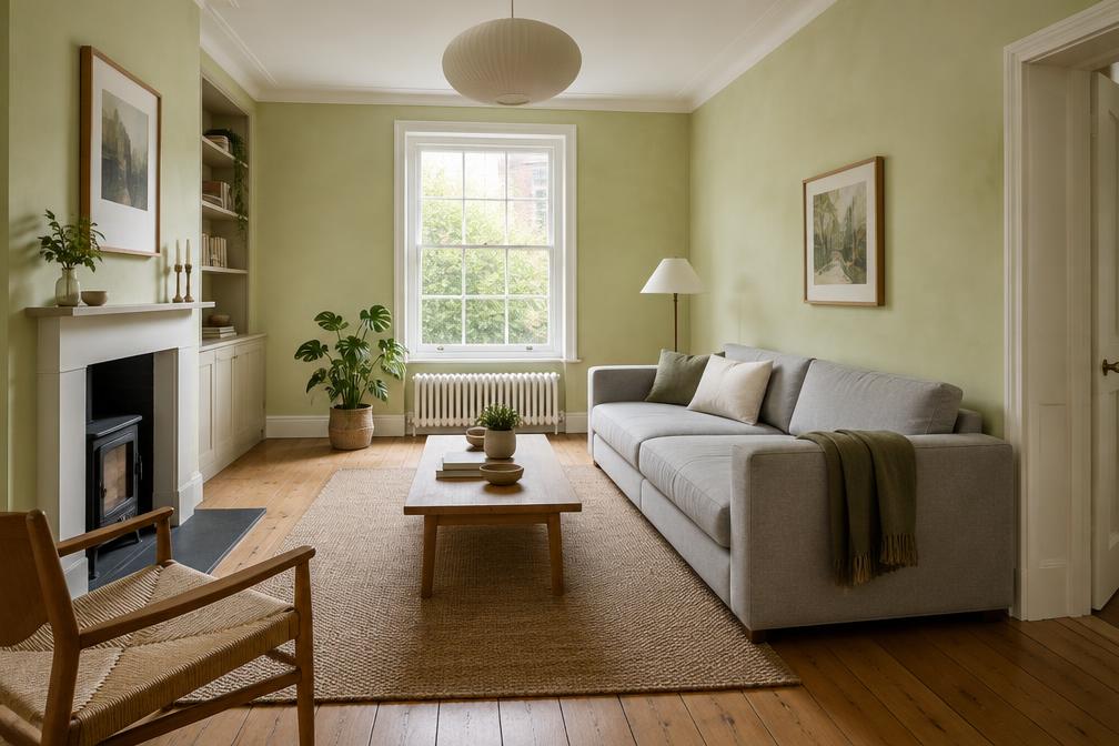 Refurbished living room with pale lime plaster walls, linear grey sofa and timber floor