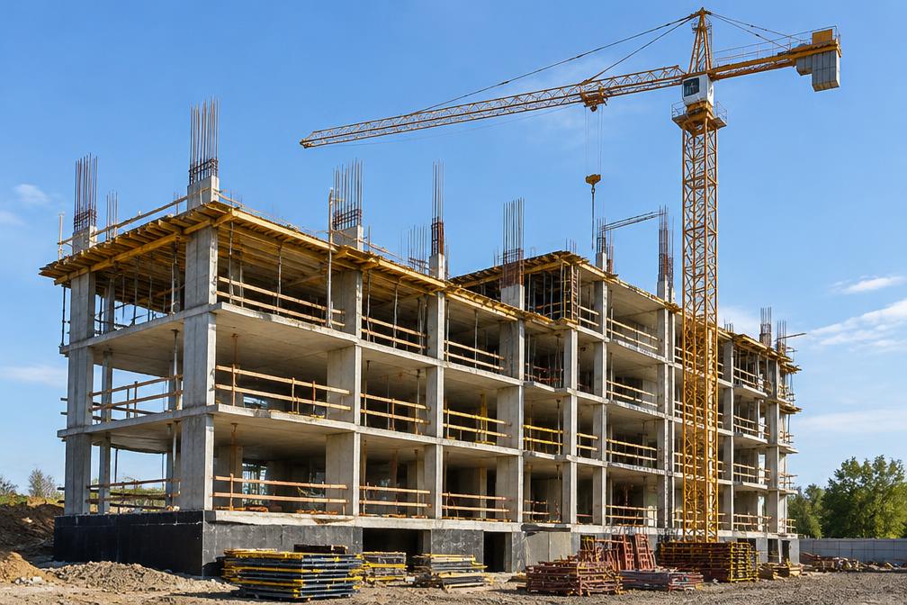 Mid-rise residential frame under construction with crane and concrete cores