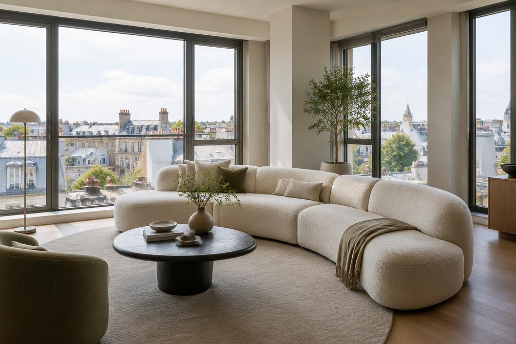 Modern apartment interior with curved modular sofa and city-facing windows