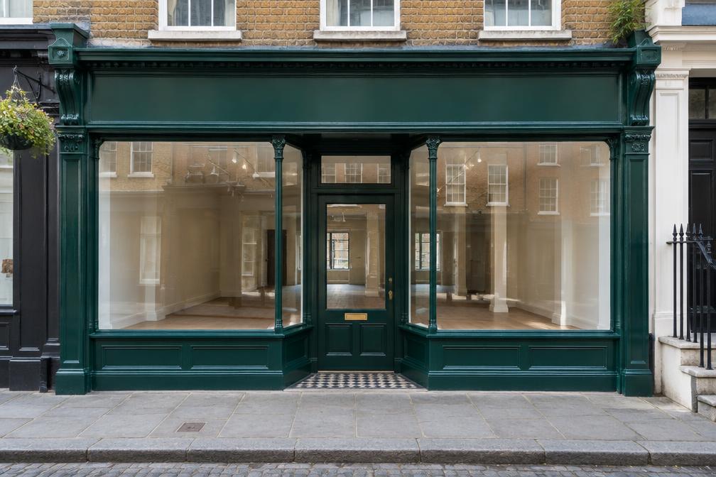 Refurbished Victorian shopfront with dark green timber frame and large clear glass