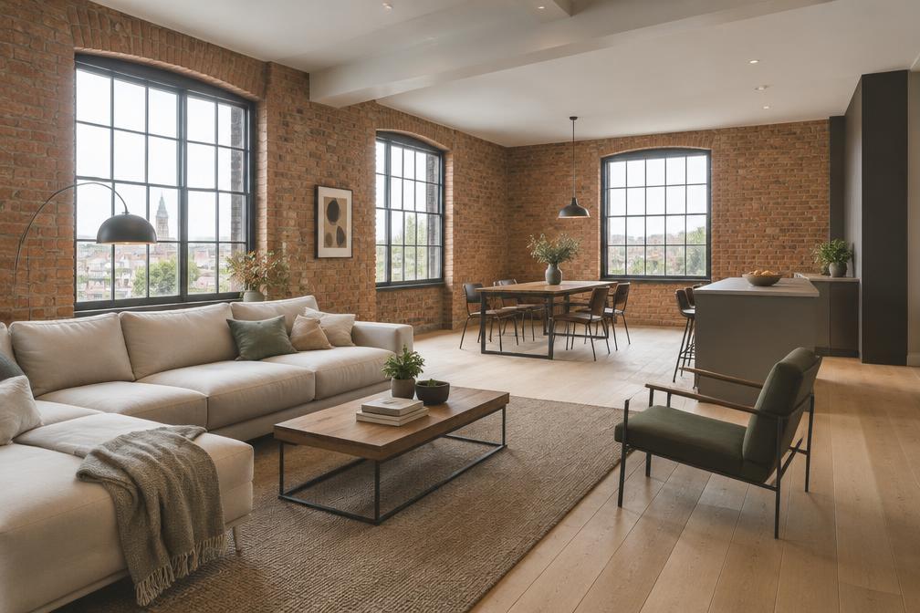 Converted upper-floor flat with exposed brick, steel windows and pale timber floor