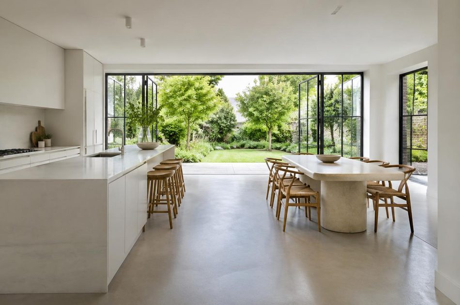 Refurbished open-plan kitchen and dining space opening onto a garden in Sydenham