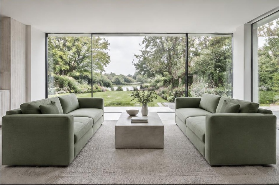 Contemporary refurbished living room with local residential garden views in Teddington