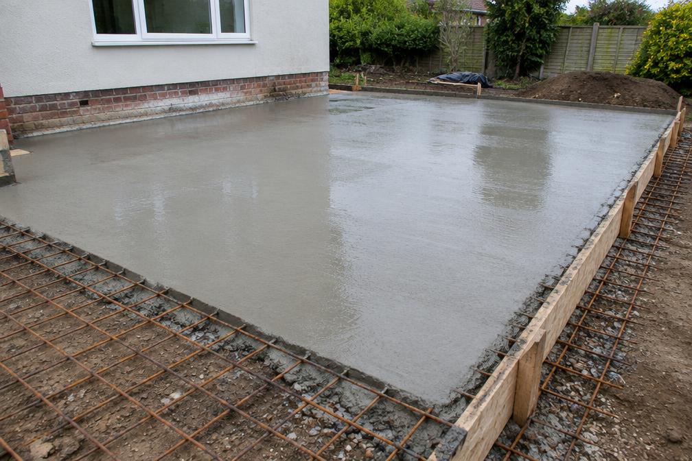 Concrete foundation pour for an extension near a riverside estate