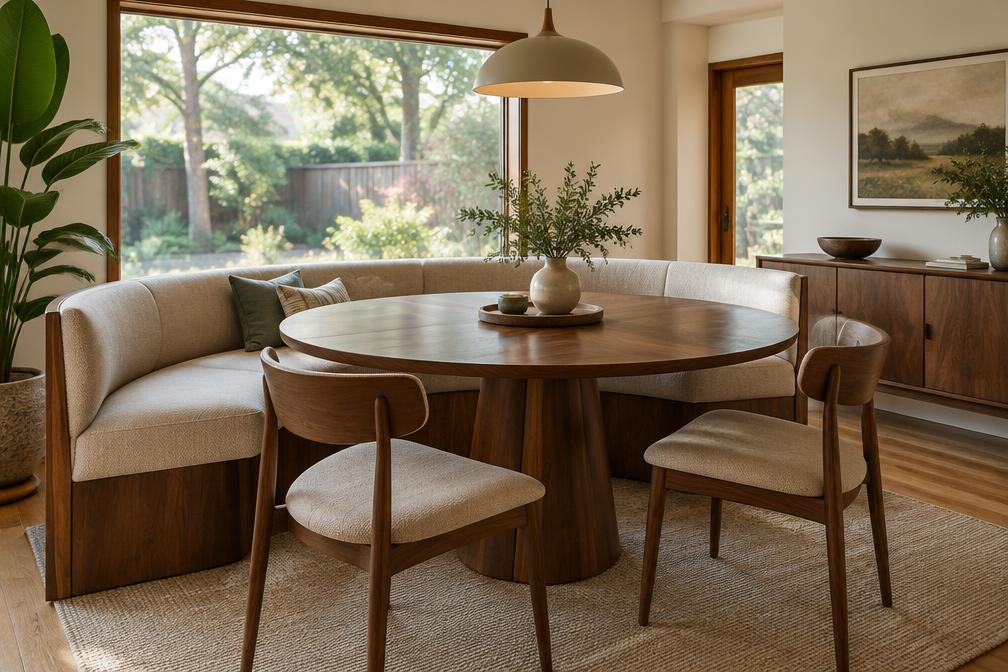 Family dining room with round walnut table and curved bench seating