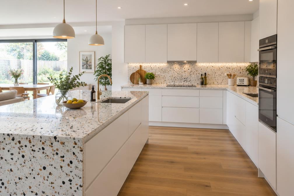 Refurbished open kitchen with white units and terrazzo worktops