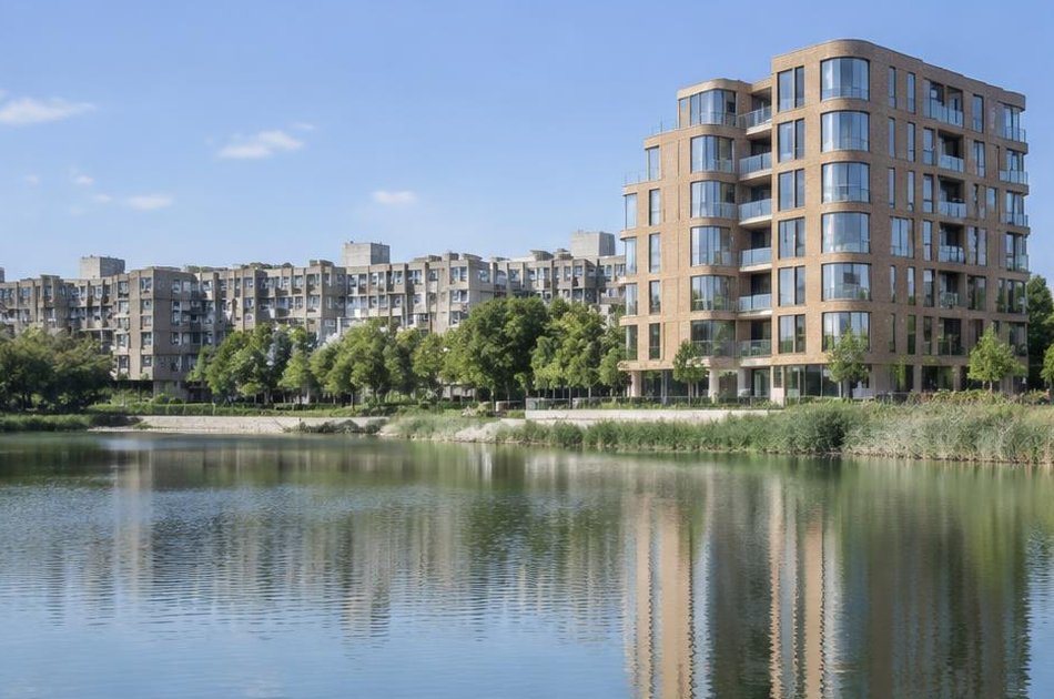 New brick residential building on a lake with 1970s housing beyond in Thamesmead