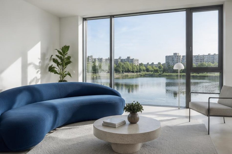 Apartment living room overlooking a lake in Thamesmead
