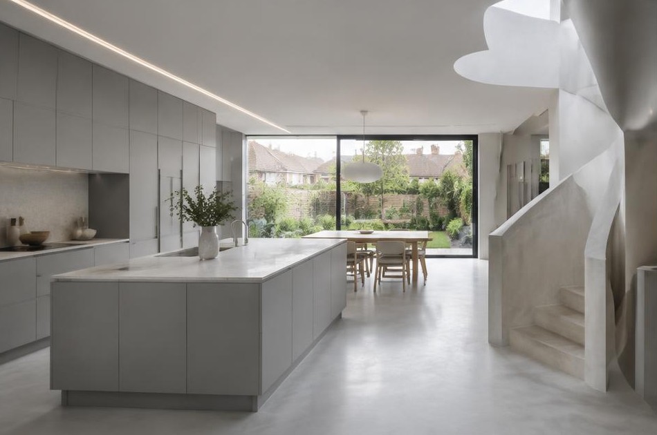 Completed contemporary kitchen with open staircase and garden glazing in Tolworth