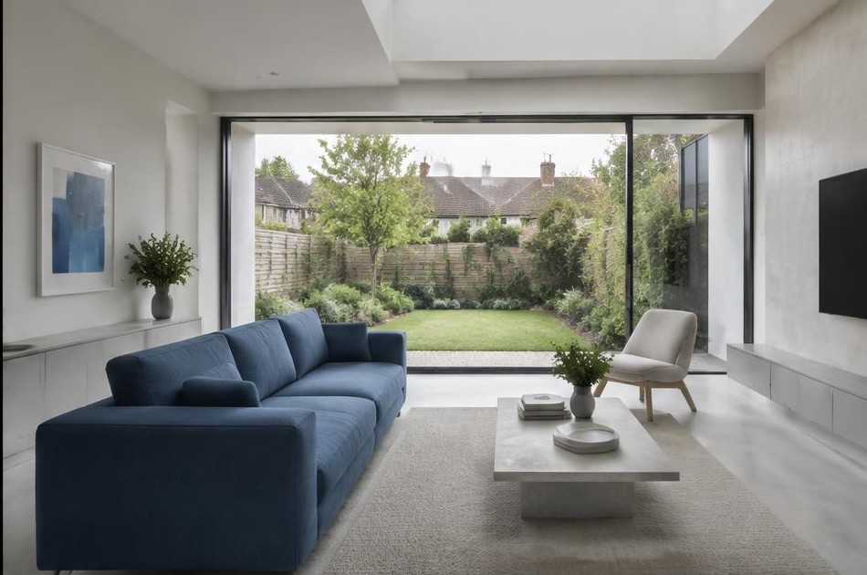 Minimalist living space with local residential garden views in Tolworth
