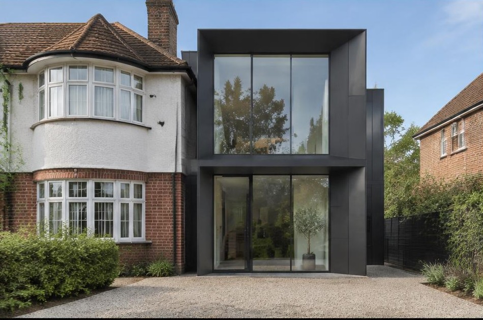 Retained original facade beside a dominant contemporary glazed addition in Tolworth