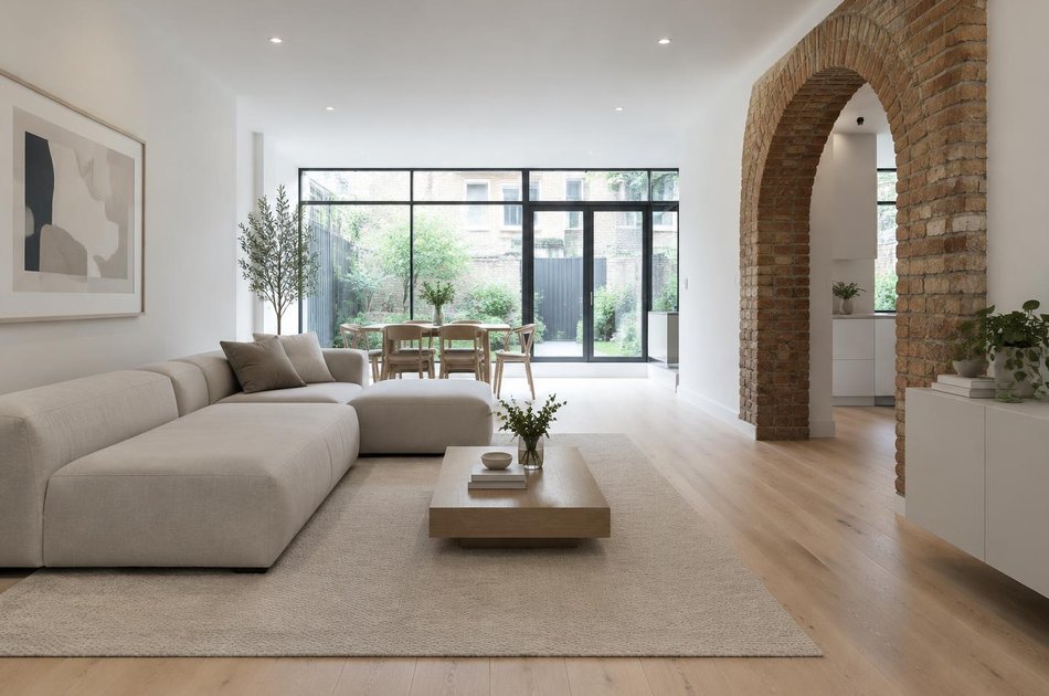 Refurbished interior with a linear sofa and retained brick arch in Tottenham Hale