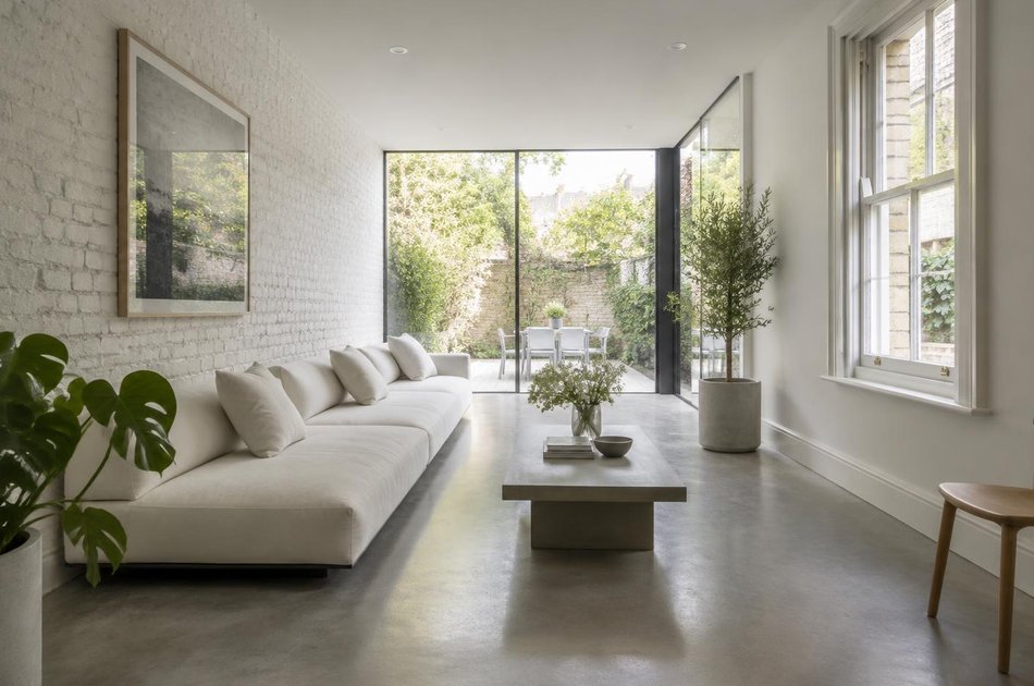 Refurbished interior with a linear sofa and retained sash window in Tottenham