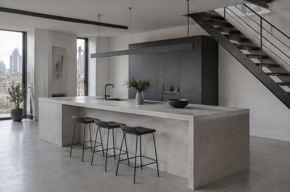 Completed contemporary kitchen with open staircase and garden glazing in Tower Hamlets