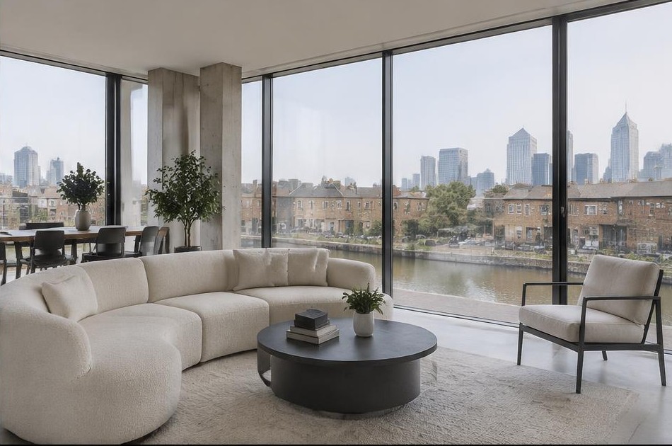 Minimalist living space with local residential garden views in Tower Hamlets