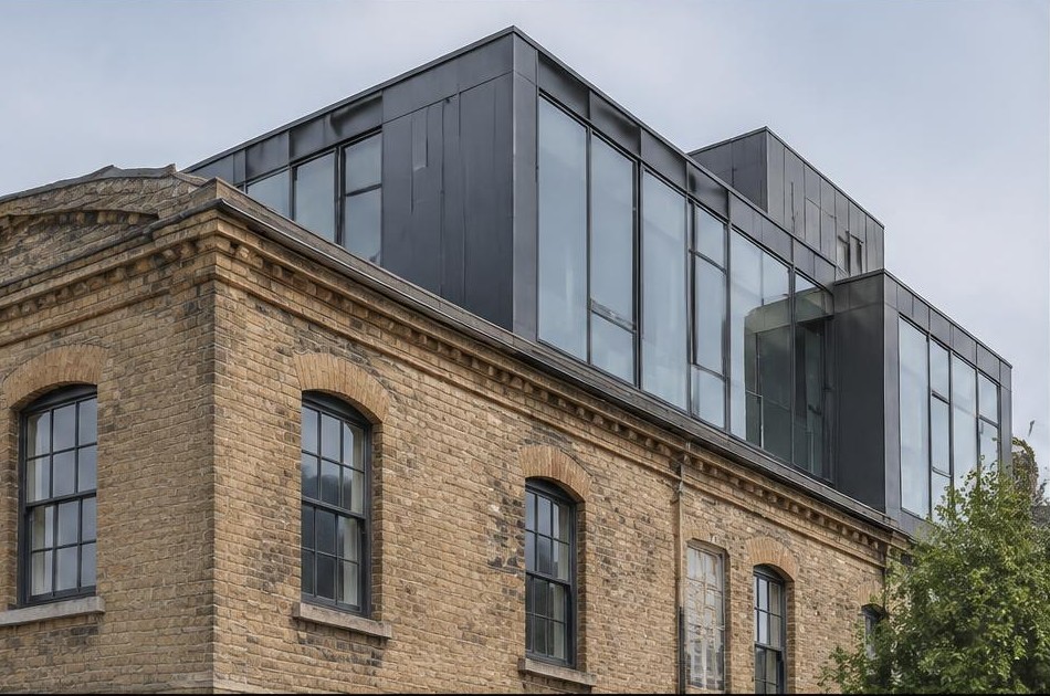 Retained original facade beside a dominant contemporary glazed addition in Tower Hamlets