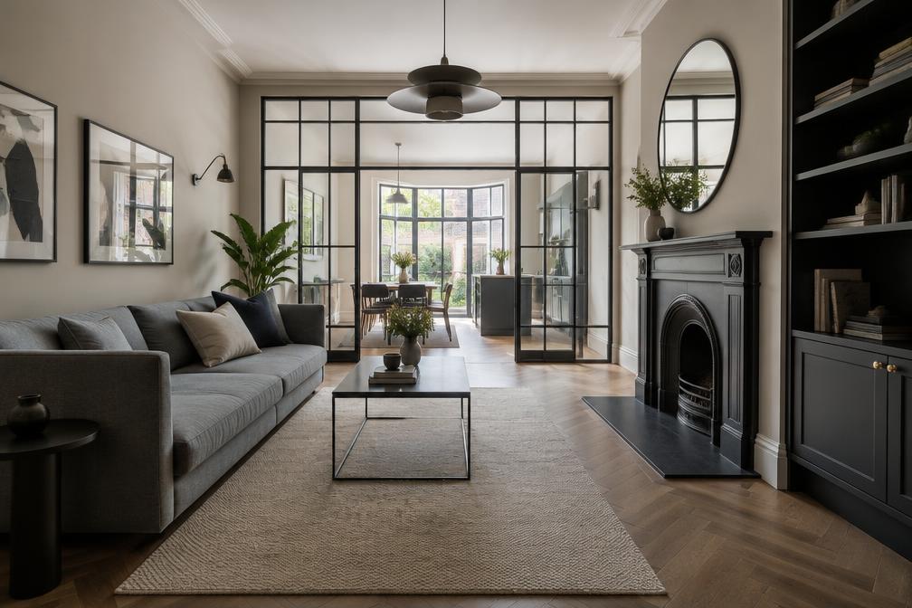 Knocked-through terrace living room with a steel glazed screen in Uxbridge