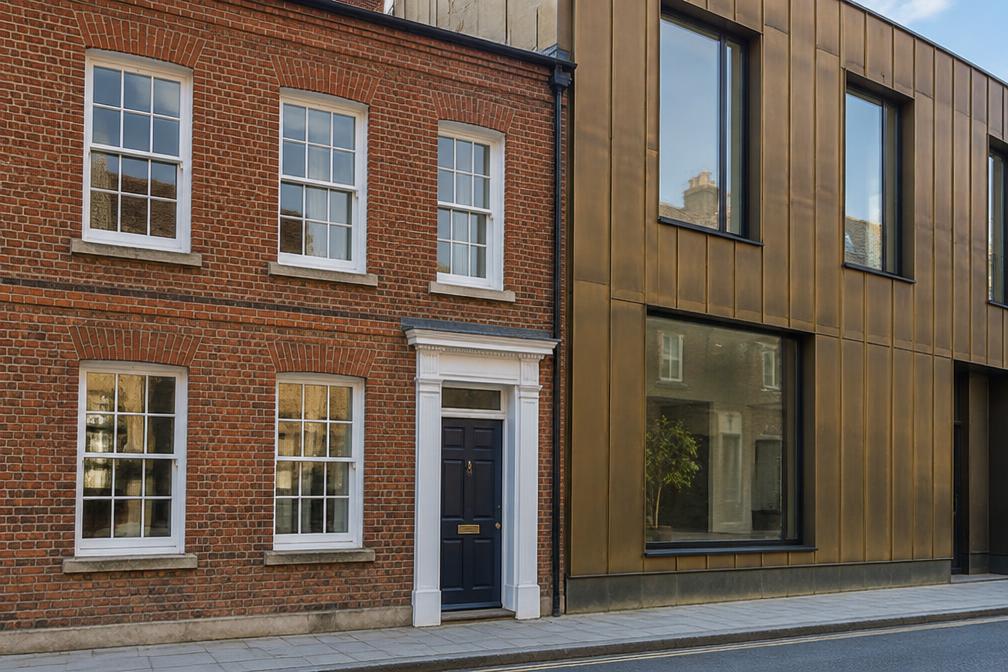 Georgian facade beside a contemporary bronze-clad infill in Uxbridge