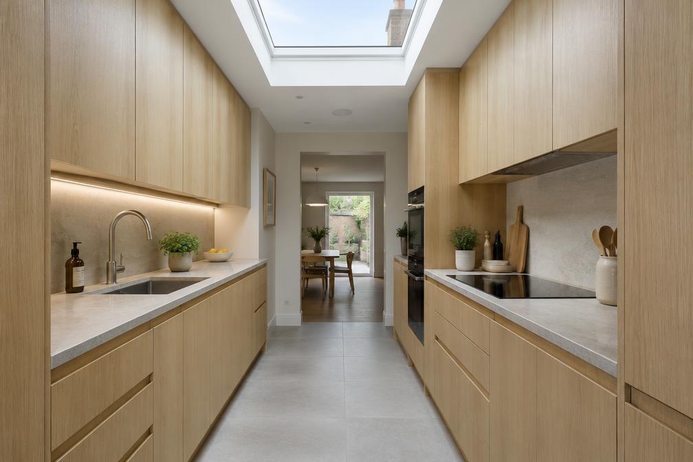 Refurbished modern galley kitchen with a skylight in Uxbridge