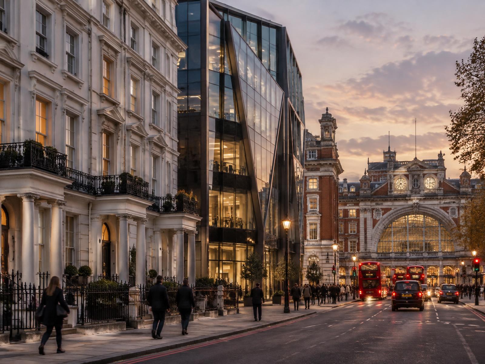 Victoria street at dusk with a white stucco terrace, an angular glass building and a Victorian station frontage beyond