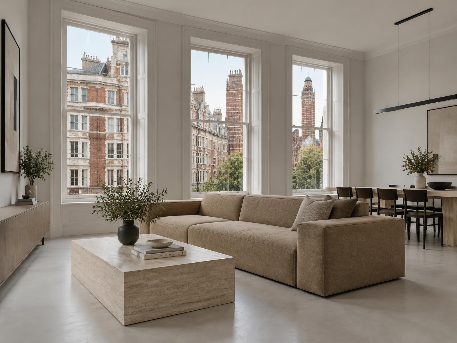 Minimalist opened-up mansion-block flat with a square-edged camel sofa and windows toward Westminster Cathedral's campanile