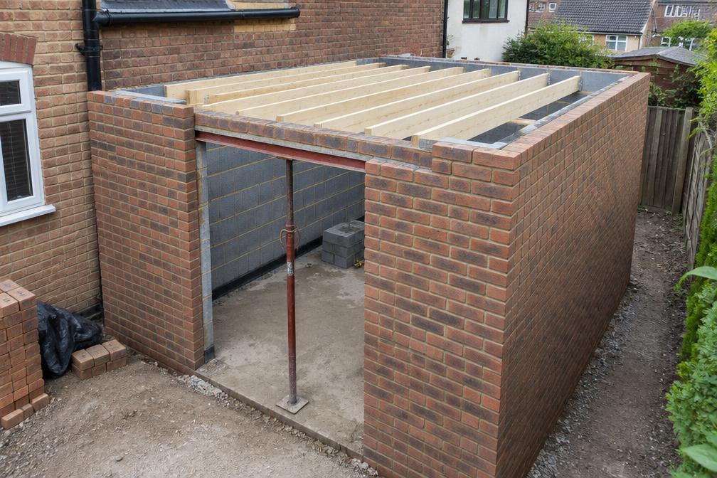 Brick side-return extension walls rising on site with blockwork and timber joists
