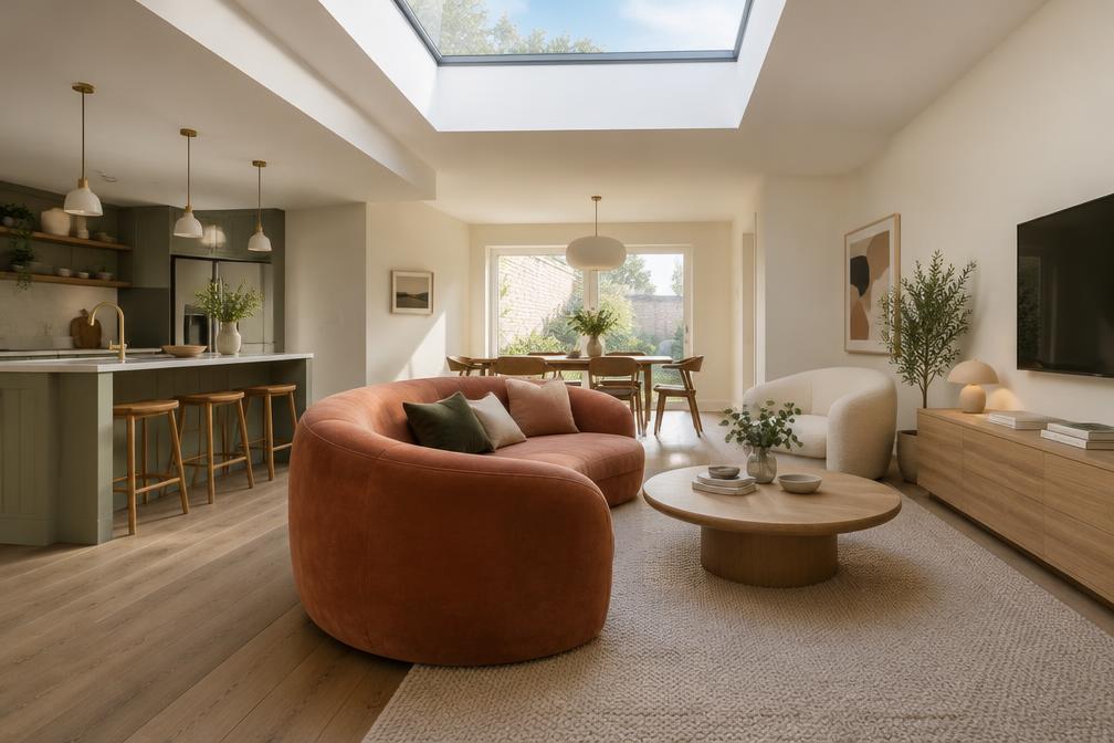 Compact open-plan living space with a rounded velvet sofa and a large skylight