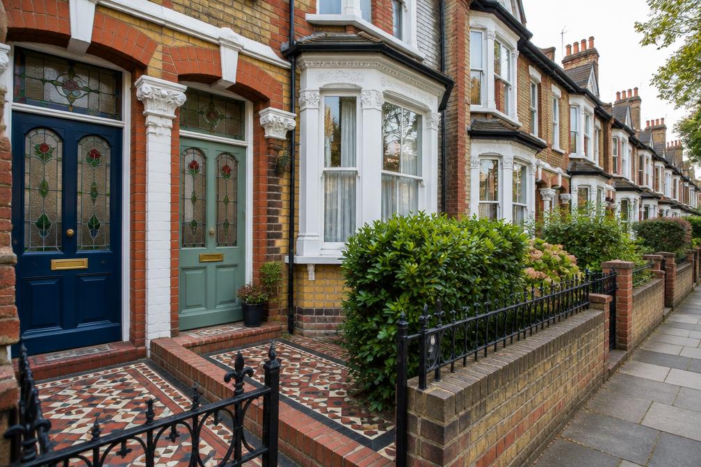 Row of Edwardian terraced houses with stained-glass doors and tiled paths