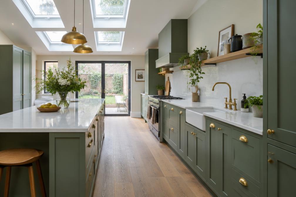 Refurbished side-return kitchen with green cabinetry, brass taps and rooflights